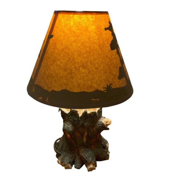 Rustic Tree Table Lamp w Bear Scene Cutouts Amber Glow Shade Lodge Cabin Decor - Picture 2 of 8